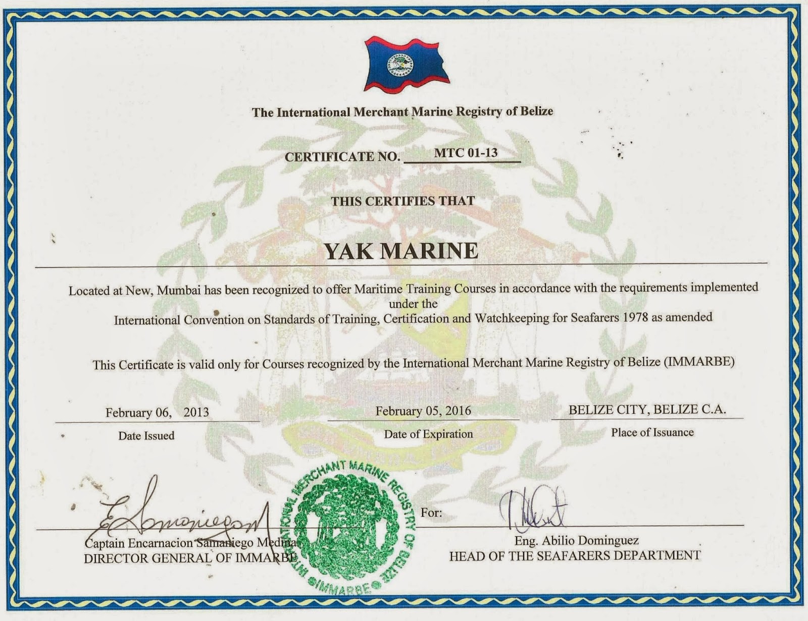 BELIZE / PANAMA CDC, COC IN YAK MARINE 2013