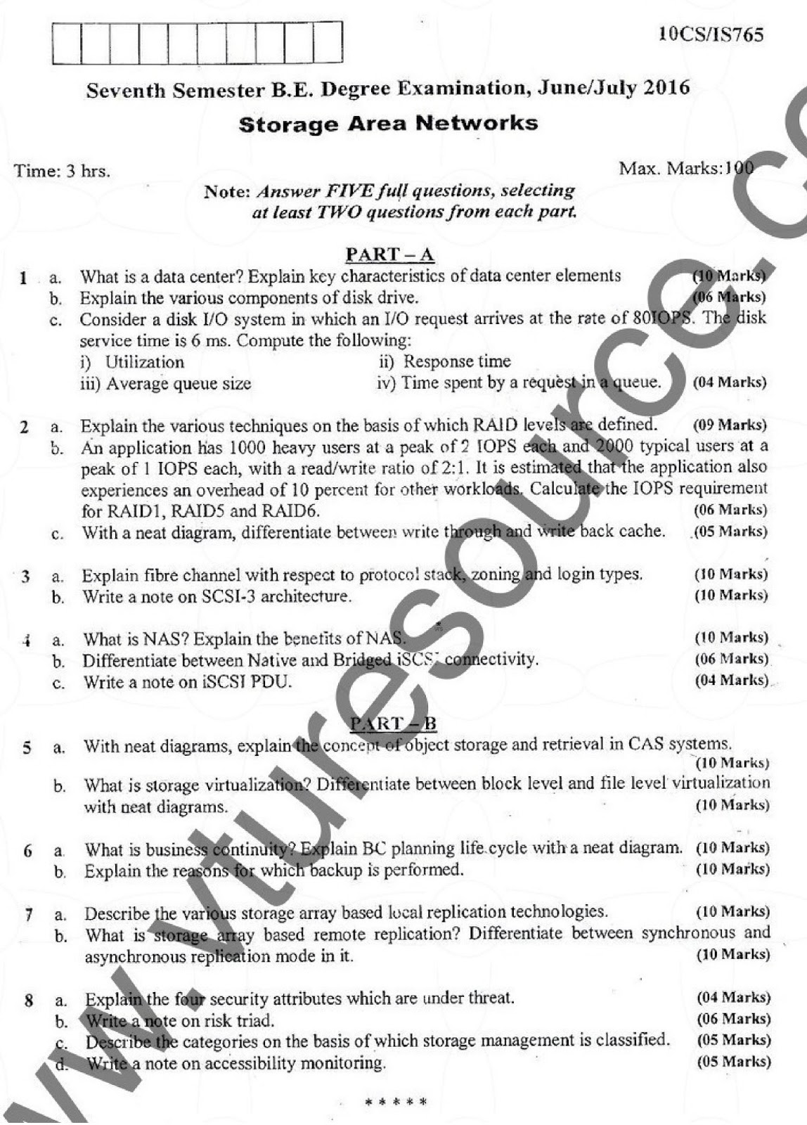 VTU BE 7th Semester Question Paper Storage Area Networks June/July