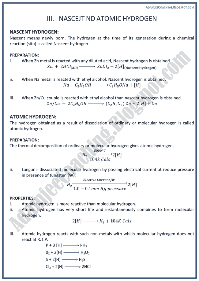 Adamjee Coaching XII Chemistry Notes Hydrogen Chemistry