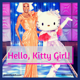 RuPaul Charles and Sanrio's Hello Kitty pose for the camera in Hollywood, California during the taping of the Season 7 episode "Hello, Kitty Girl"