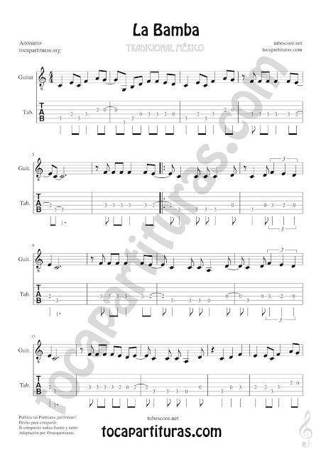 Partitura 1 Guitarra Tablatura y Partitura de La Bamba Punteo Tablature Sheet Music for Violin Tabs Music Scores