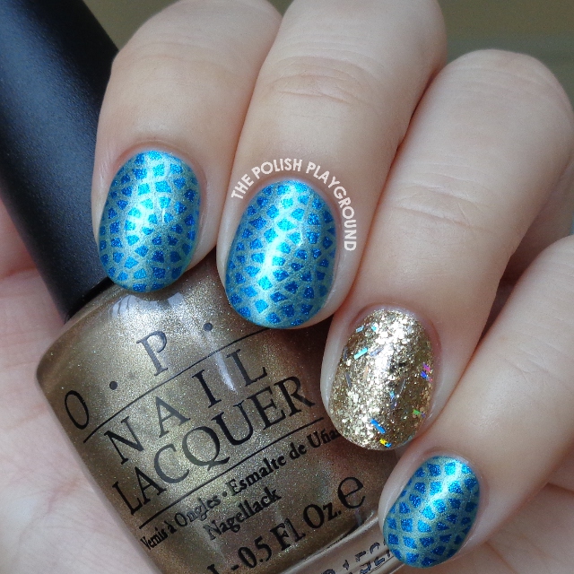 Blue with Subtle Yellow Circle Pattern Stamping Nail Art
