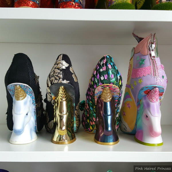 Irregular Choice Family Reunion old to new unicorn heel comparison row of single unicorn heels, original, gold, two tone purple and rainbow