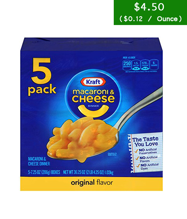 Kraft Macaroni & Cheese Dinner, Original, 7.25 oz, 5 Pack Easy Buy