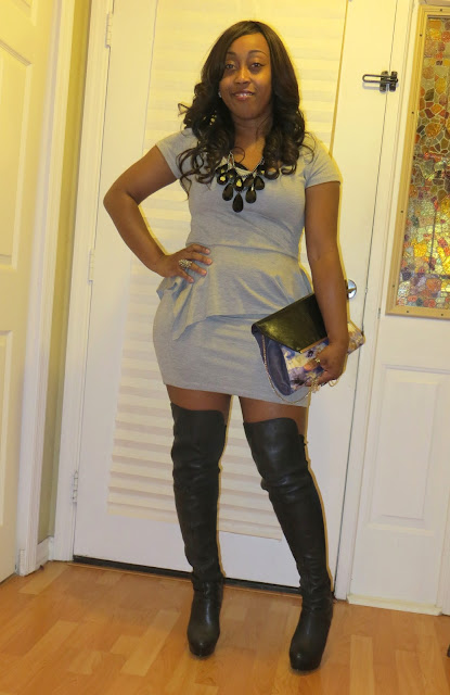 Outfit: Gray Peplum Dress and Thigh High Boots