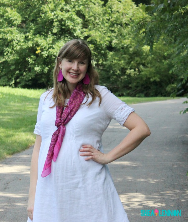 Summer outfit idea - white dress with bright scarf and jewelry and espadrilles | www.shealennon.com