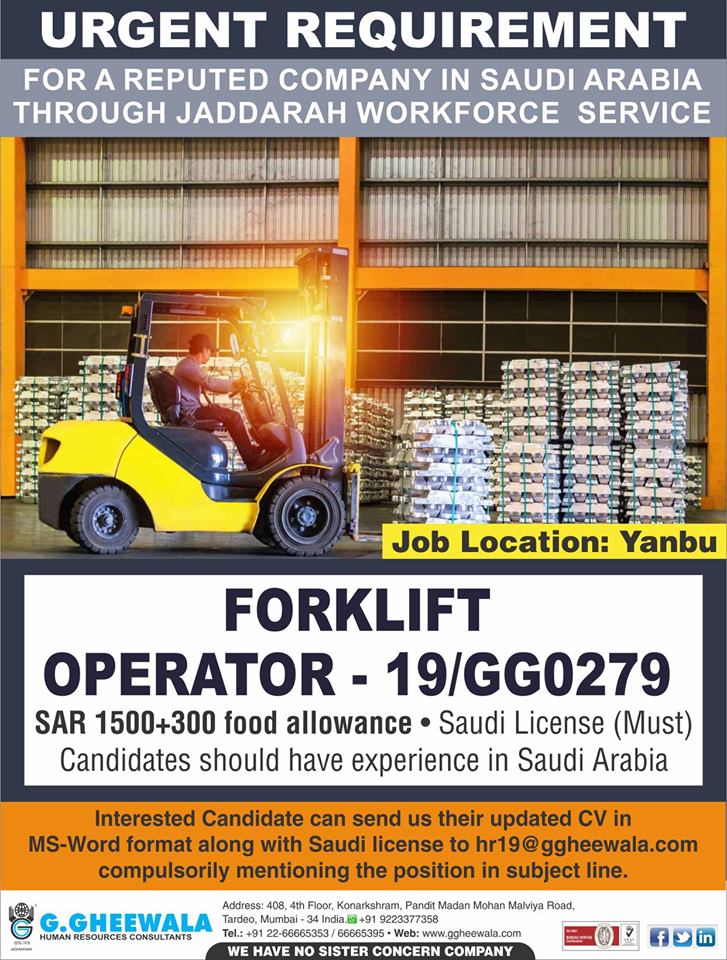 Forklift Operator required for Yanbu Saudi Arabia Forklift Operator required for Yanbu Saudi Arabia