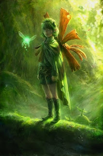 Image: Saria, a young-looking girl, glances sideways at the camera from atop a moss-covered log. She wears a green shirt, shorts, boots, cloak, and on her back, a humongous flower. Her short, lime-green hair is held back by a green headband, upon which is the Forest Medallion. To her right, her fairy floats diligently; and to her left, the Gread Deku Sprout –a tuber with a face– peers cheerfully over the log. Everything is drawn in beautiful, photo-realistic detail, as if the light that reached them were dribbling down from the branches. Caption: 