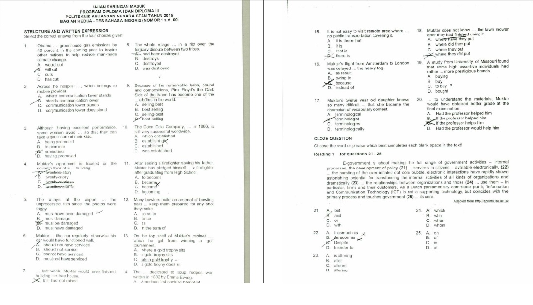 Soal Ujian Masuk Sekolah Kedinasan STAN 2015 Bahasa