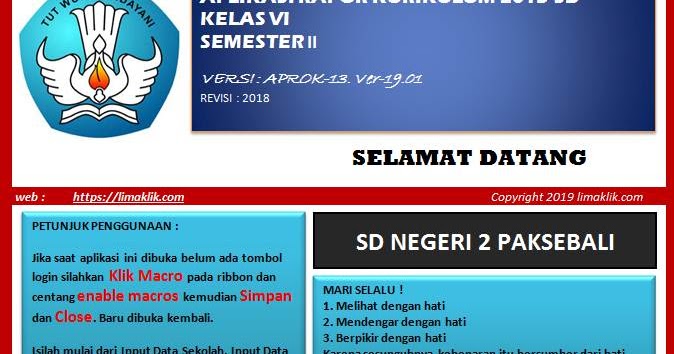 Aplikasi Rapor K13 SD Semester 2 Kelas 4, 5, dan 6 Rev.2018 - Lima Klik