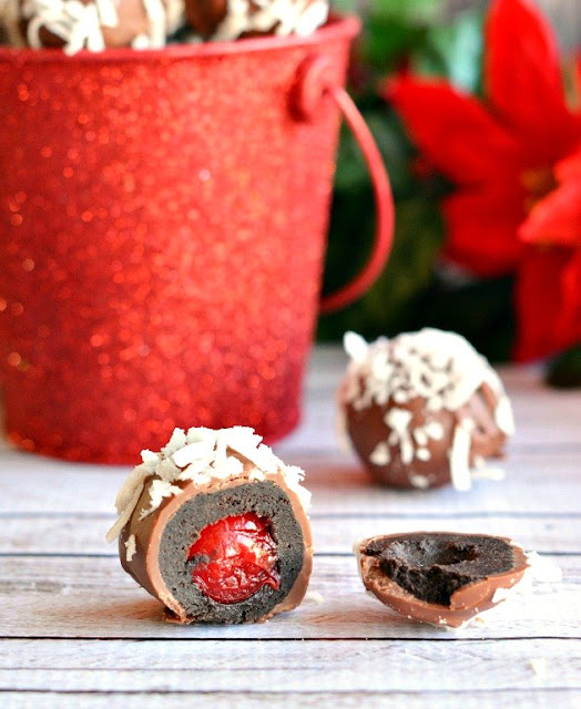 Cherry filled Oreo Cookie Balls covered in chocolate
