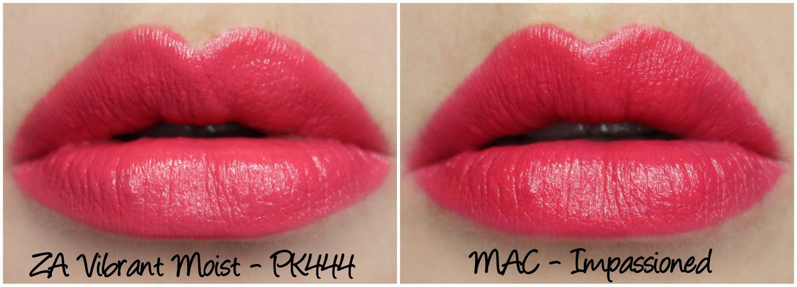 ZA Vibrant Moist - PK444 & MAC Impassioned lipstick comparison