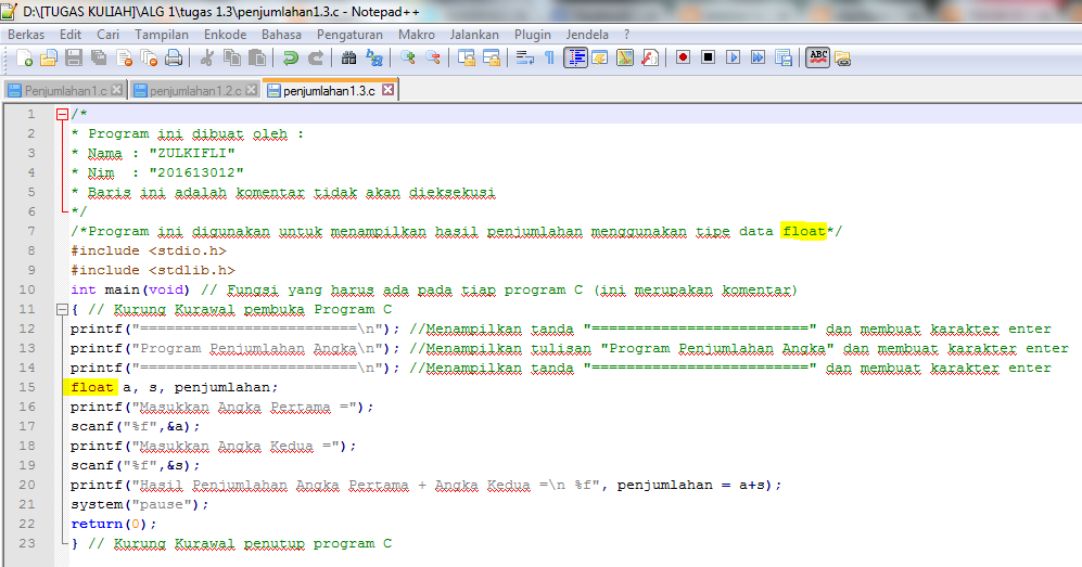 PROGRAM PENJUMLAHAN DENGAN TIPE DATA INT, DOUBLE DAN FLOAT TEKNIK INFORMATIKA