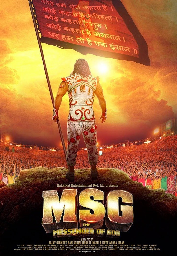 The Messenger of God movie poster Gurmeet Ram Rahim Singh with flag in The Messenger of God movie poster