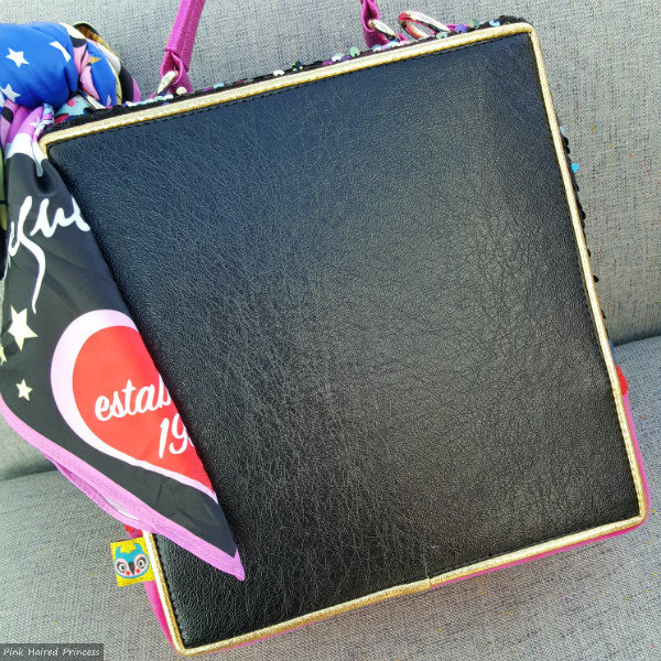 Irregular Choice Bon Anniversaire handbag back back of square handbag with scarf tied to handle