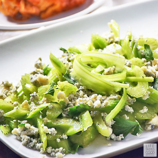 Crisp, refreshing Celery Salad with Gorgonzola (Italian Blue Cheese) is light and crunchy. It's a delicious, low carb salad to start a meal or pair this as a side dish to your favorite buffalo chicken recipe. You can't go wrong with celery, blue cheese, and buffalo chicken. It's a classic! #LTGrecipes