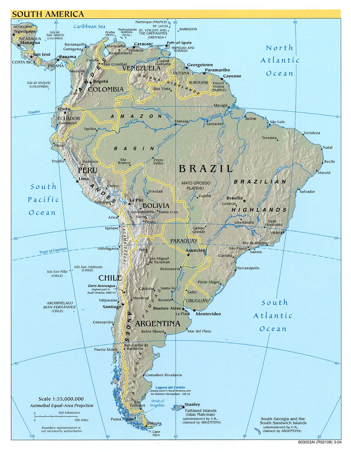 Kaart landen Zuid-Amerika: Kaart topografie Zuid-Amerika