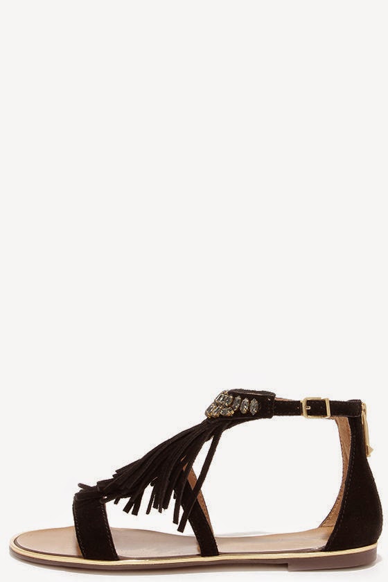 Style Know Hows Calin Black Suede Leather Beaded Fringe Sandals