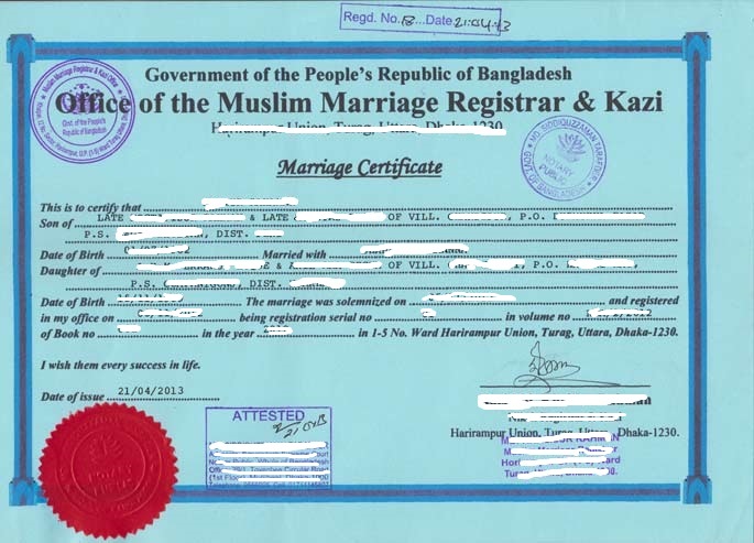 Sample of Marriage Certificate (Bangladesh) Immigration Information