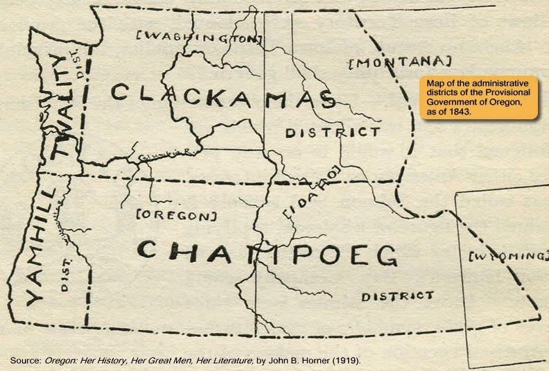 Map of the administrative districts of the Provisional Government of Oregon, as of 1843.