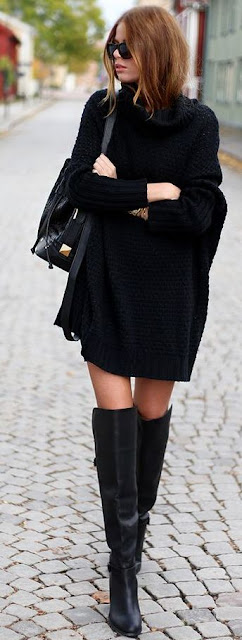 Edgy black | Turtle neck crochet sweater dress with over the knee boots ...