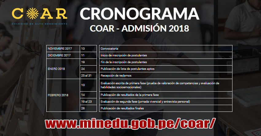 COAR: Cronograma Admisión 2018 (Inscripción hasta 19 Enero) MINEDU - www.minedu.gob.pe COAR: Cronograma Admisión 2018 (Inscripción hasta 19 Enero) MINEDU - www.minedu.gob.pe