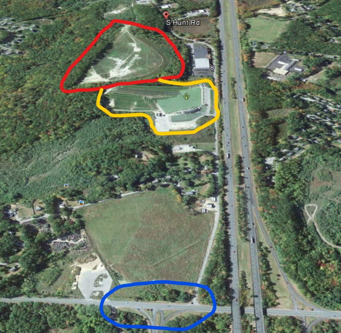 the ice rink lot is circled in red for reference the sports park is circled in yellow and the outlet of s hunt road onto rt 150 including the on off the ice rink lot is circled in red for reference the sports park is circled in yellow and the outlet of s hunt road onto rt 150 including the on off