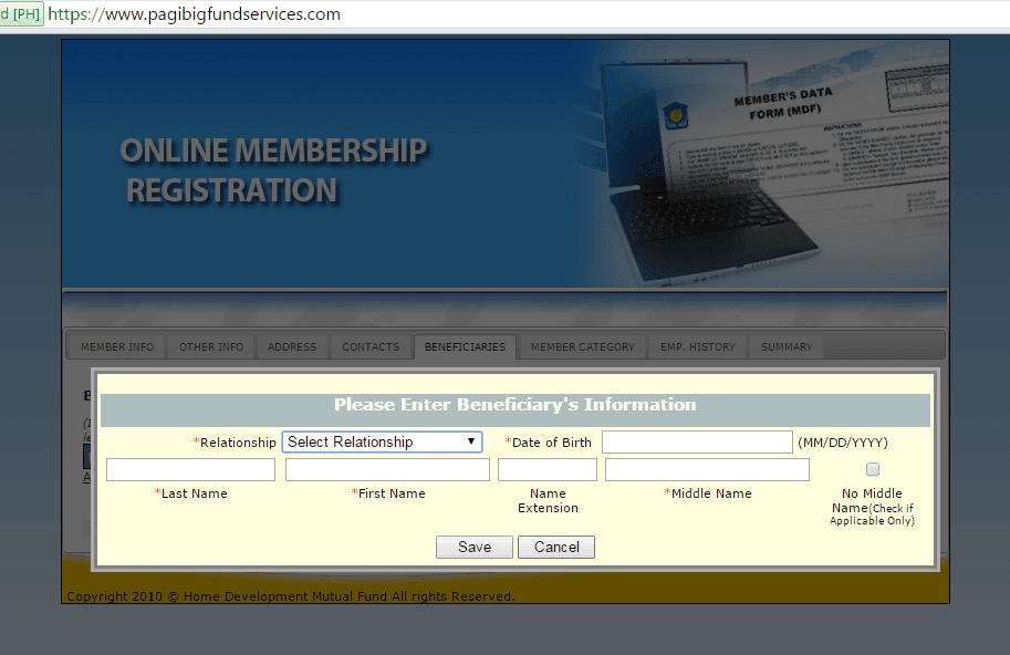 Pagibig Online Registration Category details