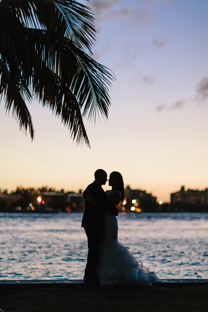 beautiful silhouette of a bride and groom on miami beach seashore at sundown