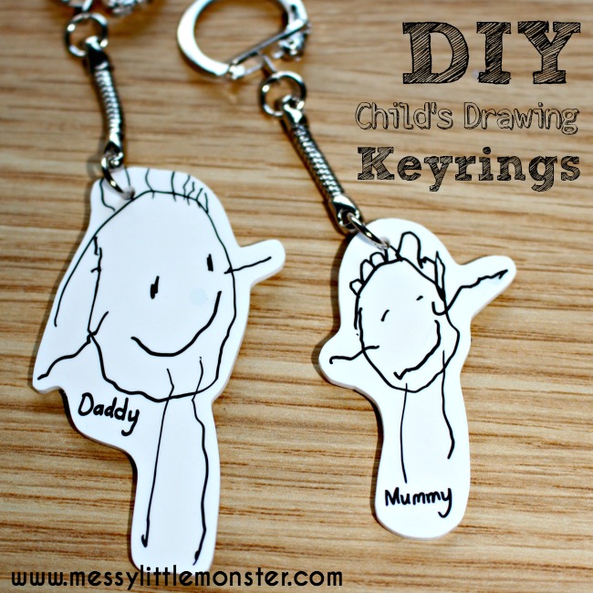 DIY Shrinky Dinks Keyring using a child's first drawings. This keychain makes a memorable keepsake or simple kid made gift for Mothers day, Fathers day, Christmas or a Birthday.  