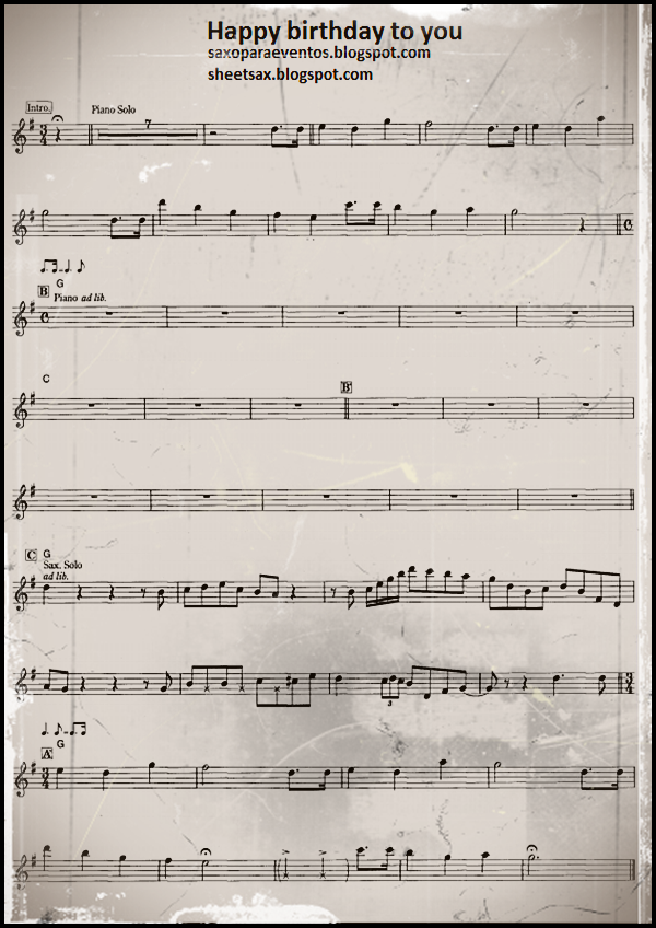 Sheet music of happy birthday for sax, clarinet and trumpet.