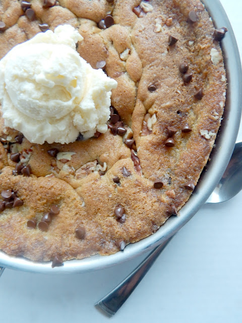 Chocolate Chip Pecan Skillet Cookie for Two...the PERFECT date night treat!  Or have the whole family grab a spoon and dig in! (sweetandsavoryfood.com)