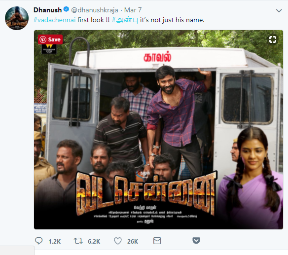 The first look of actor Dhanush's long-awaited project, Vada Chennai, has been unveiled. The film has been in the works for three years now and the frenzy around it has only multiplied with time. The first look features Dhanush, handcuffed, peeping out of a PCR van. You can tell by his body language that he is hailed as the local hotshot. Surrounded by his own men, Dhanush looks like the leader of a small community, who often lands in trouble for his ambitiousness.