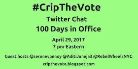 Graphic with a light green background. In black text: #CripTheVote Twitter Chat 100 Days in Office, April 29, 2017, 7 pm Eastern, Guest hosts @serenevannoy @AditiJuneja3 @RebelWheelsNYC, cripthevote.blogspot.com