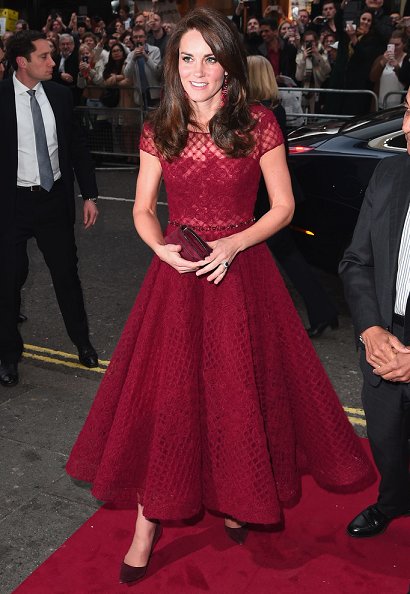 Kate Middleton wore Marchesa Notte embellished tulle dress, Kate Spade Pretty Pom Tassel Drop Earrings and Gianvito Rossi Pumps for the event