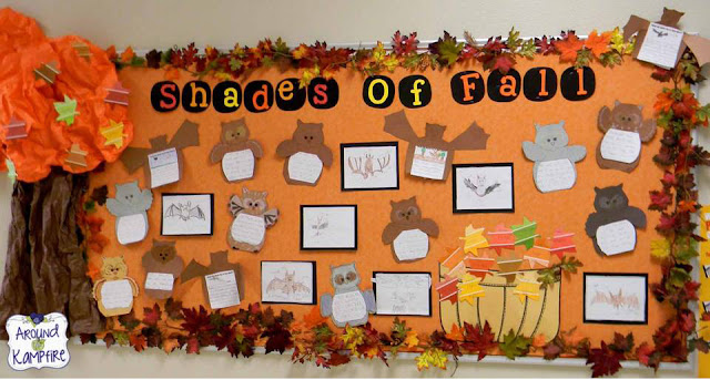 Fall bulletin board with owl reports, and shades of meaning leaves on paint cards.