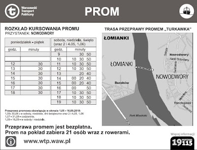 Rozkład kursowania promu Turkawka Łomianki-Nowodwory