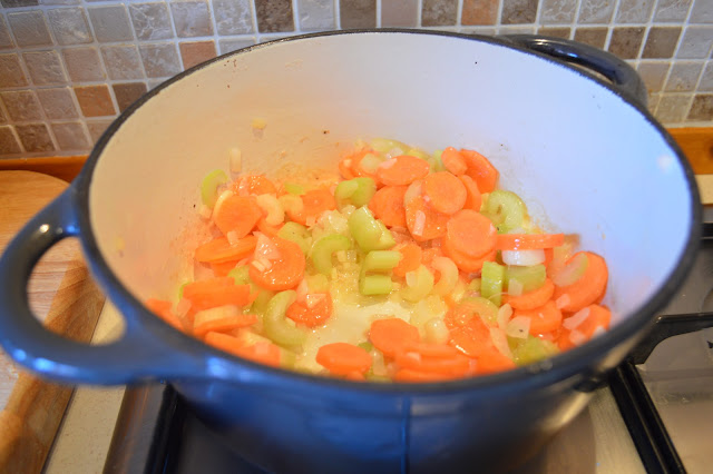 Remove the Chicken and saute carrots, onion and celery