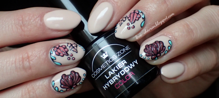 zdobienie na hybrydzie Cosmetics Zone Cosmetics Zone PST1 Malaga, PST4 Dusty Pink, PST13 Pistachio, 033 Black Cat, 014 Indian Roses, 017 Bright Eggplant