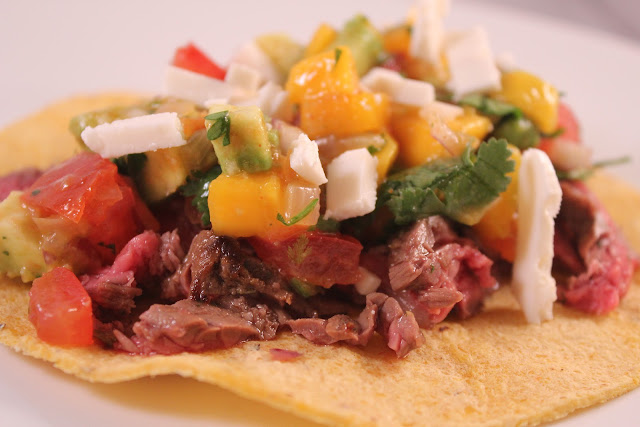 Skirt steak tacos with mango guacamole
