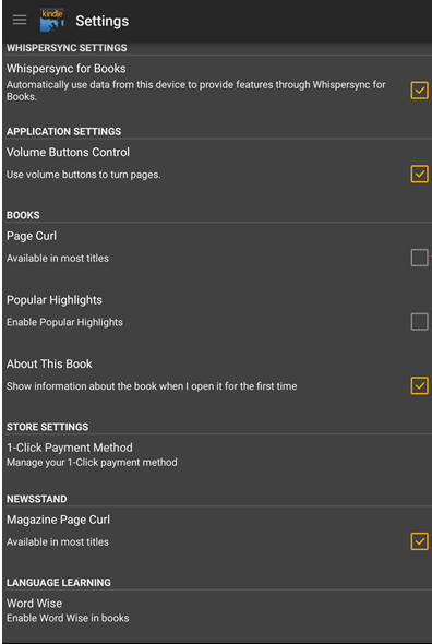 Zrzut ekranu z aplikacji Kindle for Android - ustawienia