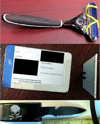 (Top to Bottom) Knife Taped to Disposable Razor (MSP), Razorblade Concealed Between Two Healthcare Cards (PHL), Belt Buckle Knife (DEN) (Top to Bottom) Knife Taped to Disposable Razor (MSP), Razorblade Concealed Between Two Healthcare Cards (PHL), Belt Buckle Knife (DEN)