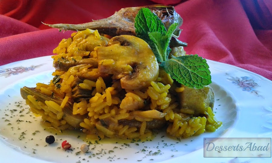 Arroz con alcachofas y champiñones