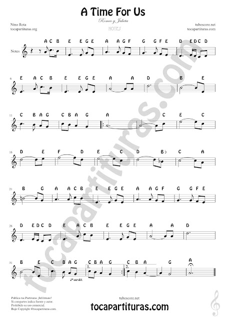 A Time For Us partitura (nomenclatura inglesa) Romeo and Juliet Easy Sheet Notes for Treble Clef, Violin, Saxophones, Trumpets, Flute, Recorder, Clarinet...