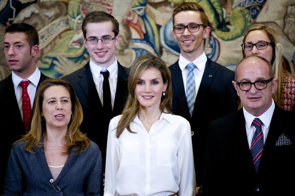Princess Letizia of Spain attended several audiences at Zarzuela Palace in Madrid, Spain. Hugo Boss Blouse