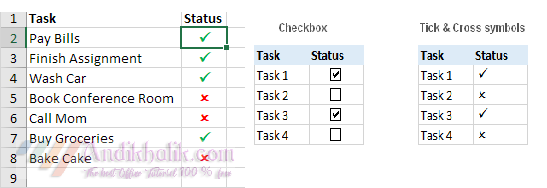 Cara Memasukkan simbol Tick symbol (Centang, checkbox atau checkmark box) di Excel