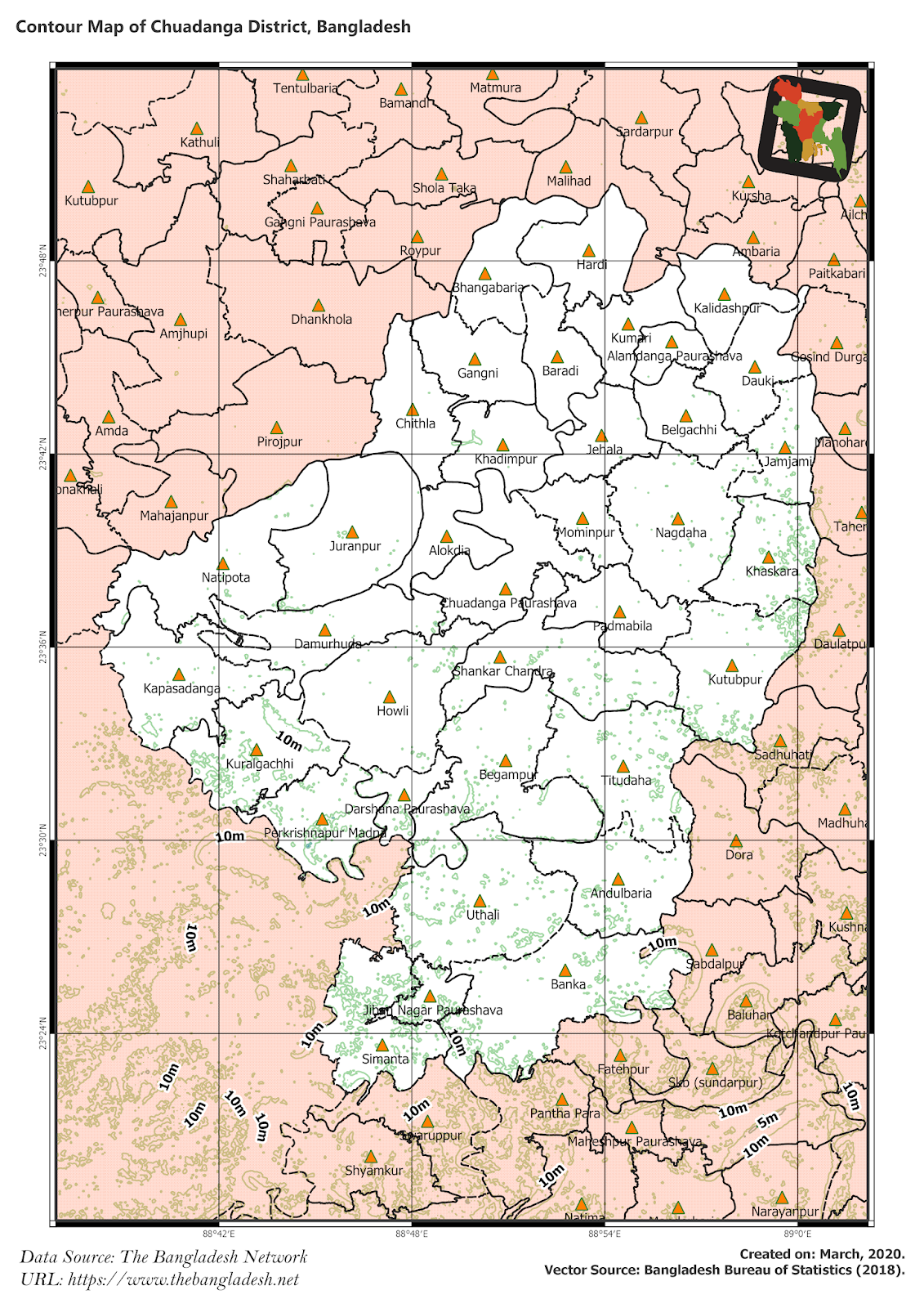 Elevation Map of Chuadanga District of Bangladesh