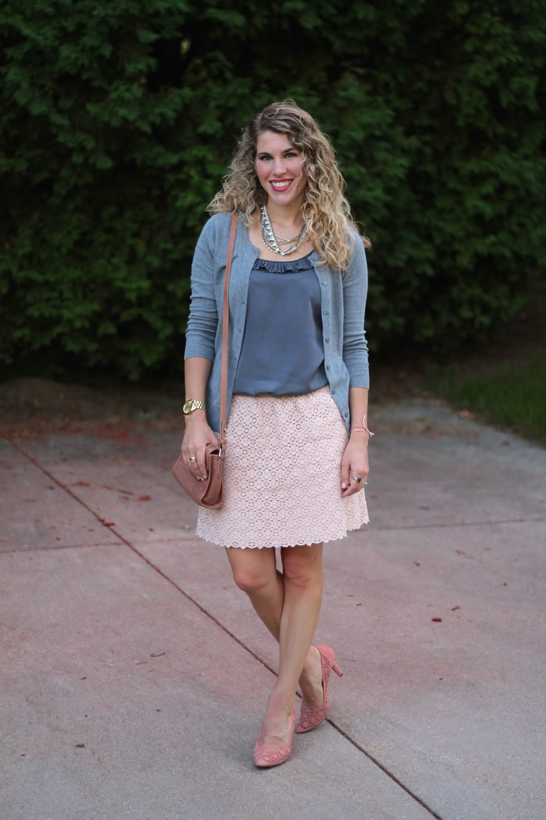 Confident Twosday: Grey Blouse and Lace Blush Skirt