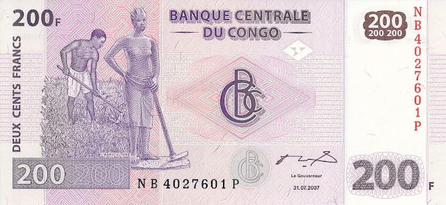 Congo Democratic Republic Currency 200 Congolese francs banknote 2007 Allegorical female sculpture Agriculture