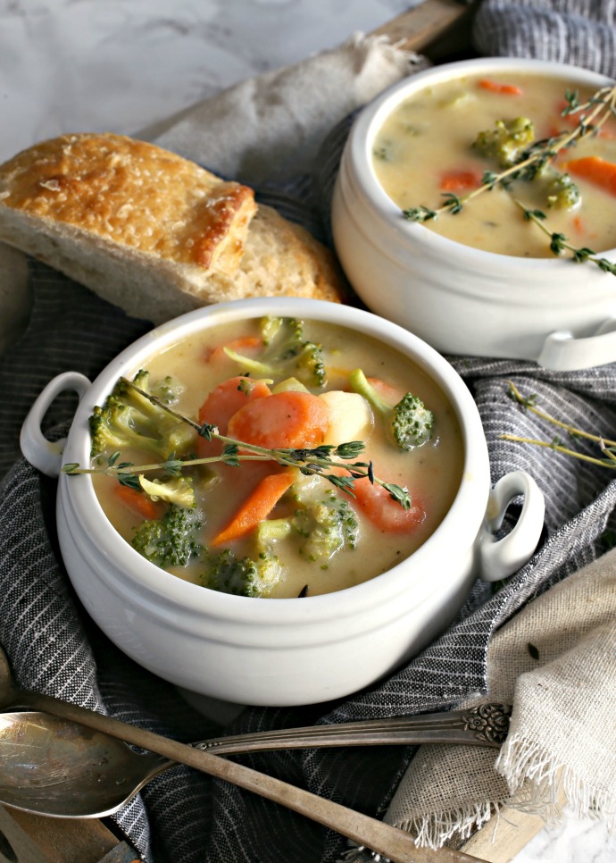 Creamy vegetable soup with cheddar cheese.